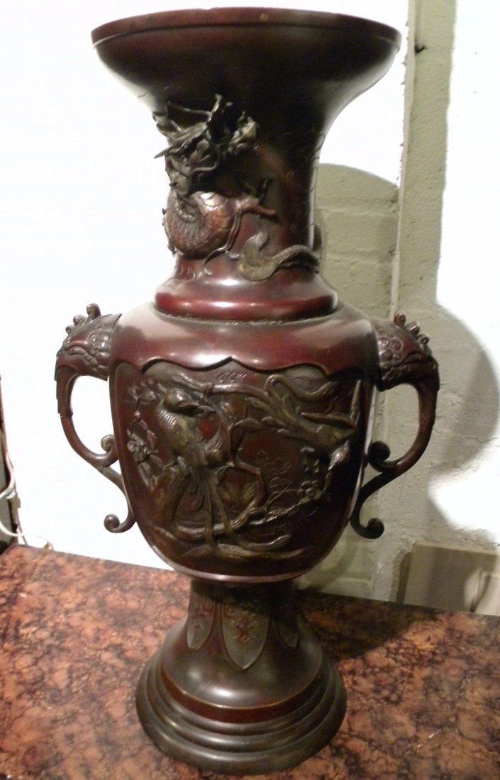 Large Chinese Bronze Vase w/Dragon & Elephant Handles: Large Chinese double handle bronze vase decorated with high relief birds, large applied dragon and elephant head handles, 31" high, 16.5" across.