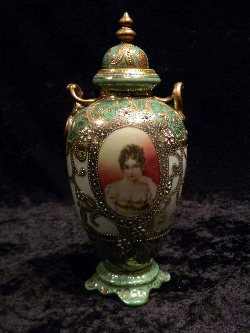 Nippon Hand Painted Handled Moriage Portrait Vase w/Lid: Nippon lidded porcelain hand painted footed double-handled (2-handled) moriage portrait urn, heavily gilded and beaded with two oval panels, one with portrait of lady which reads "Madame de Recamier" 
