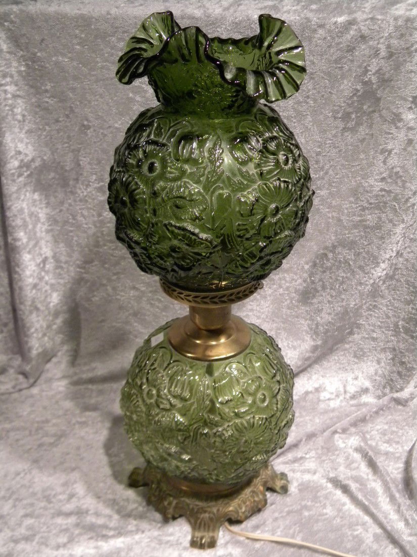 Gone with the Wind Style Lamp w/Green Glass Shades: Gone with the Wind style lamp with 2 green glass globe shades on brass footed base, 22.5" high overall