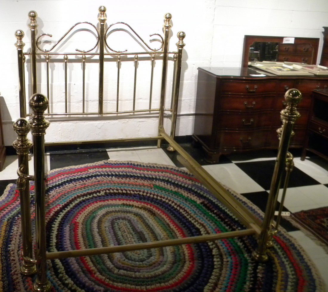 Brass Full Size Bed w/9 Brass Posts w/Ball Finials: Brass queen size bed with 8 brass posts with ball finials and scroll style headboard with central ball finial, 60" high, 62" wide overall.