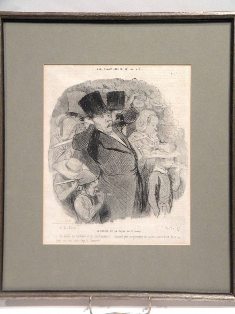 Framed French Lithograph by Honore Daumier: Framed French Original Lithograph by Honore Daumier, "Le Retour de la Foire de St. Claud" (No. 75 from the series LES BEAUX JOURS DE LA VIE) depicting man covering ears surrounded by children playing
