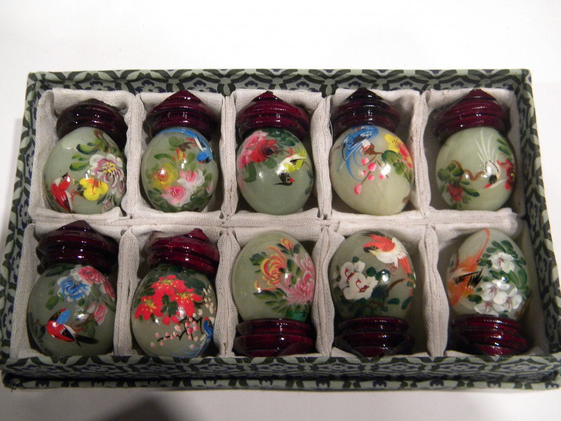 Set of 10 Jade Eggs w/Stands Painted w/Exotic Birds NIB: Set of 10 Jade Eggs on Wood Pedestals, Hand Painted w/Exotic Birds & Flowers - In Original Box - Egg on Pedestal 2"