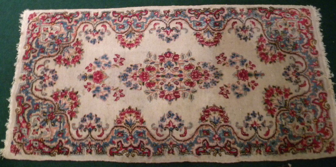 Small Persian Rug, Floral, 24"X47", Cream Ground, Iran: Small Persian Carpet decorated with roses and small central medallion on cream ground - Made in Iran - 24"X 47" Overall