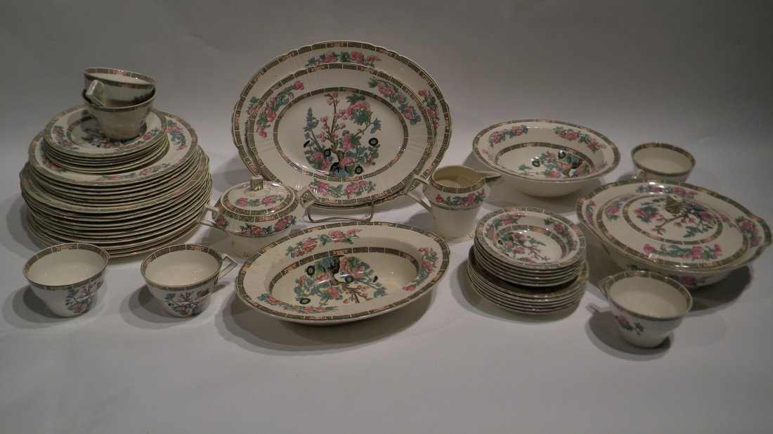 43 Pc Dinner Service Myott Son & Company: 43 Pcs Porcelain Myott Son & Co. Crown Clarence Brands dinner ware, "Indian Tree" Pattern: 12 Dinner Plates, 6 Salad Plates, 6 Bread Plates, 6 Cup, 6 Saucers, 6 Side Bowls, 2 Oval Serving Platters, 1 