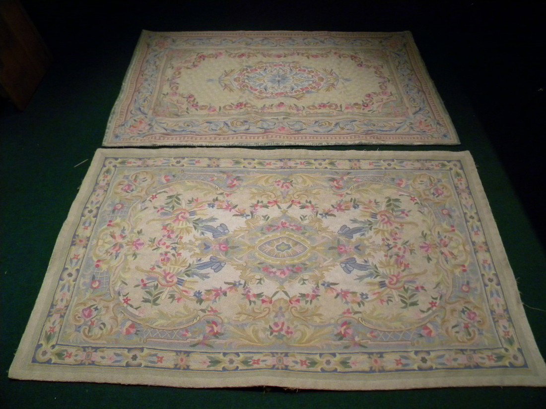 2 Vintage Chain Stitch Rugs Made in India: 2 Vintage Indian Chain stitch Rugs Original Labels Read "Jewel of Kashmir, Handwoven in Kashmir Sole Distributions in U.S.A. The Fritz & La Rue Co." Floral Design w/Medallion Centers on Ecru Ground. O