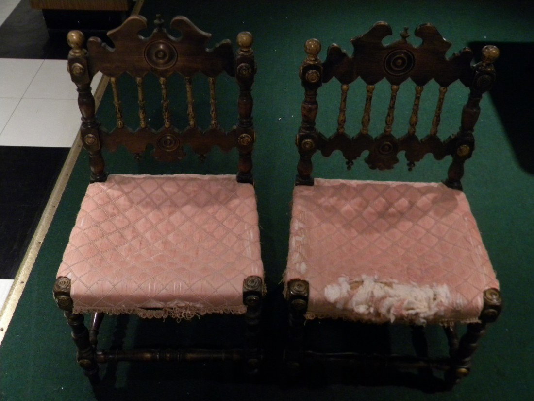 Pr. Antique Renaissance Revival Childs Chairs: Pr Antique Renaissance Revival Child's Chairs w/ gold paint and upholstered seats - Seats in poor condition wear to gold decoration. 31"H back 15" H to seat 17" W - Antique