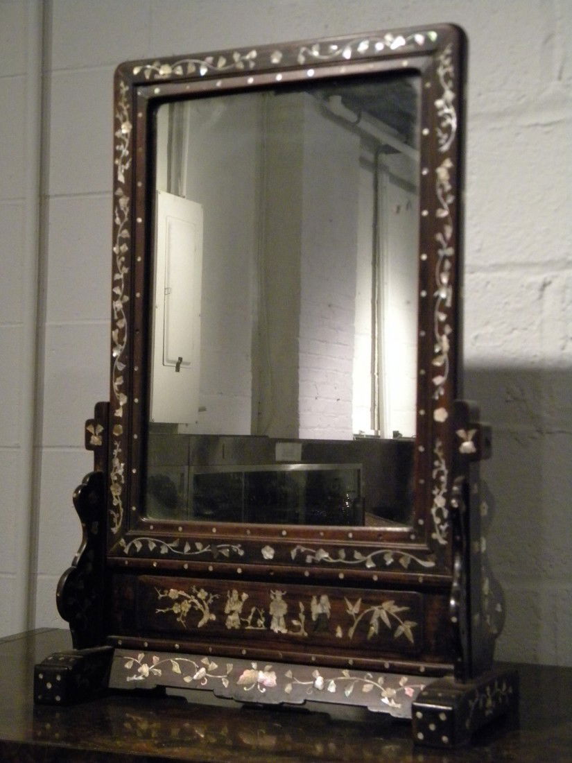 Ebony Dresser Top Mirror w/Inlaid Mother of Pearl: Ebony Dresser Top Mirror w/Inlaid Mother of Pearl Floral Design - 28 1/2" high, 19" wide.