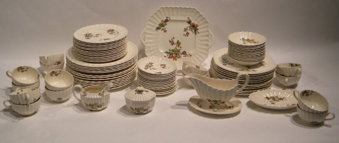 90 Pcs Copeland Spode "Wicker Lane" Dinner Ware: Copeland Spode Porcelain,"Wicker Lane" pattern, Dinnerware: 14 dinner plates, 12 square salad/dessert plates, 14 bread plates, 12 sauce dishes, 14 cups, 14 saucers, lidded sugar, creamer, gravy boat w