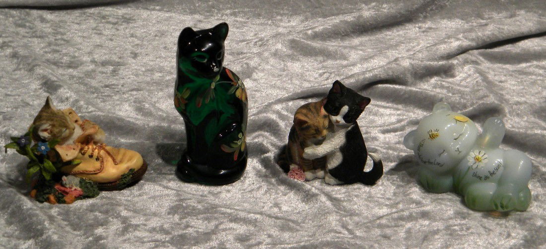 4 Cat Figurines incl. 2 Lenox & 2 Fenton: 4 Cat Figurines: Lenox "Kitty Sweathearts" and "Sweet Dreamers" - both 3" high and Fenton green to white glass kitten hand painted by S. Stephens, 2.75" high and green glass sitting cat with hand pain
