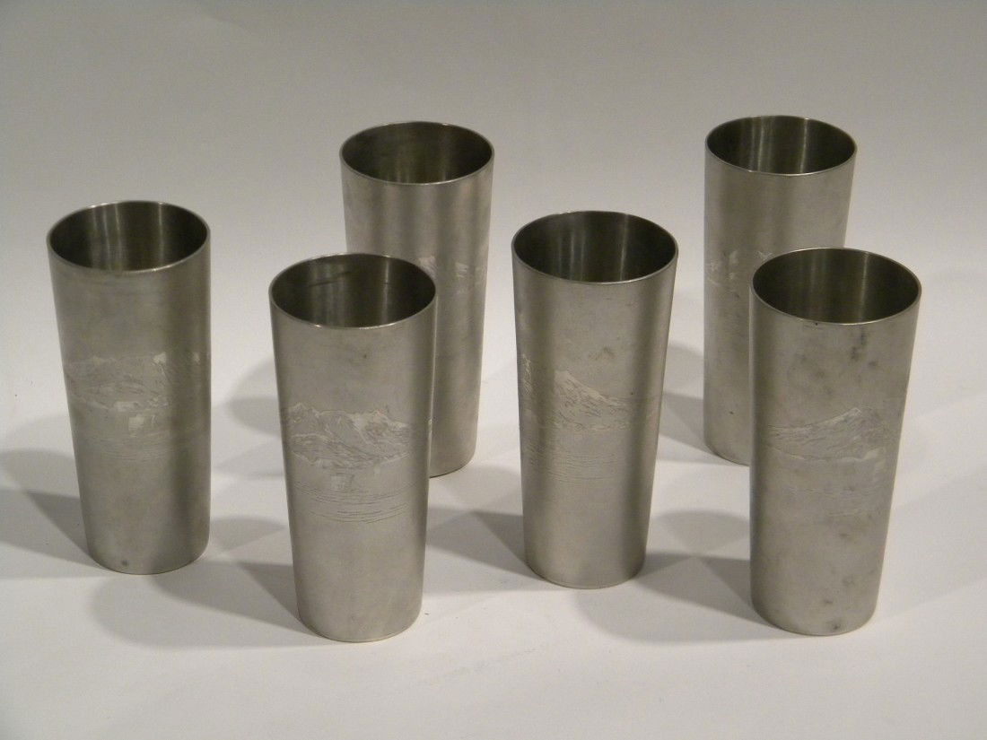 6 Heavy Tumblers w/Mt. Fuji & Boat w/Asian Characters: 6 Heavy Aluminum Cups decorated w Mt. Fuji and Sail Boat in foreground signed on bottom with Japanese characters - 6 1/4"H