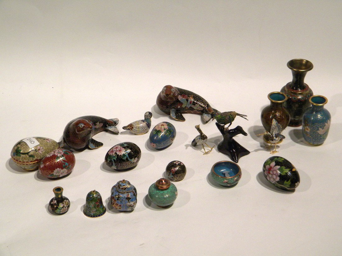 Lot of Cloisonne Style Items: Lot of Cloisonne style items including: eggs, vases, animal figurines, etc. - approximately 1" to 5" high.