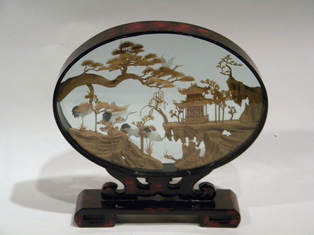 Cased Oriental Cork Carving w Pagodas & Cranes: Cased Oriental cork carving of Pagodas and cranes in glass and wood lacquered case, 12" high, 11.5" long overall.