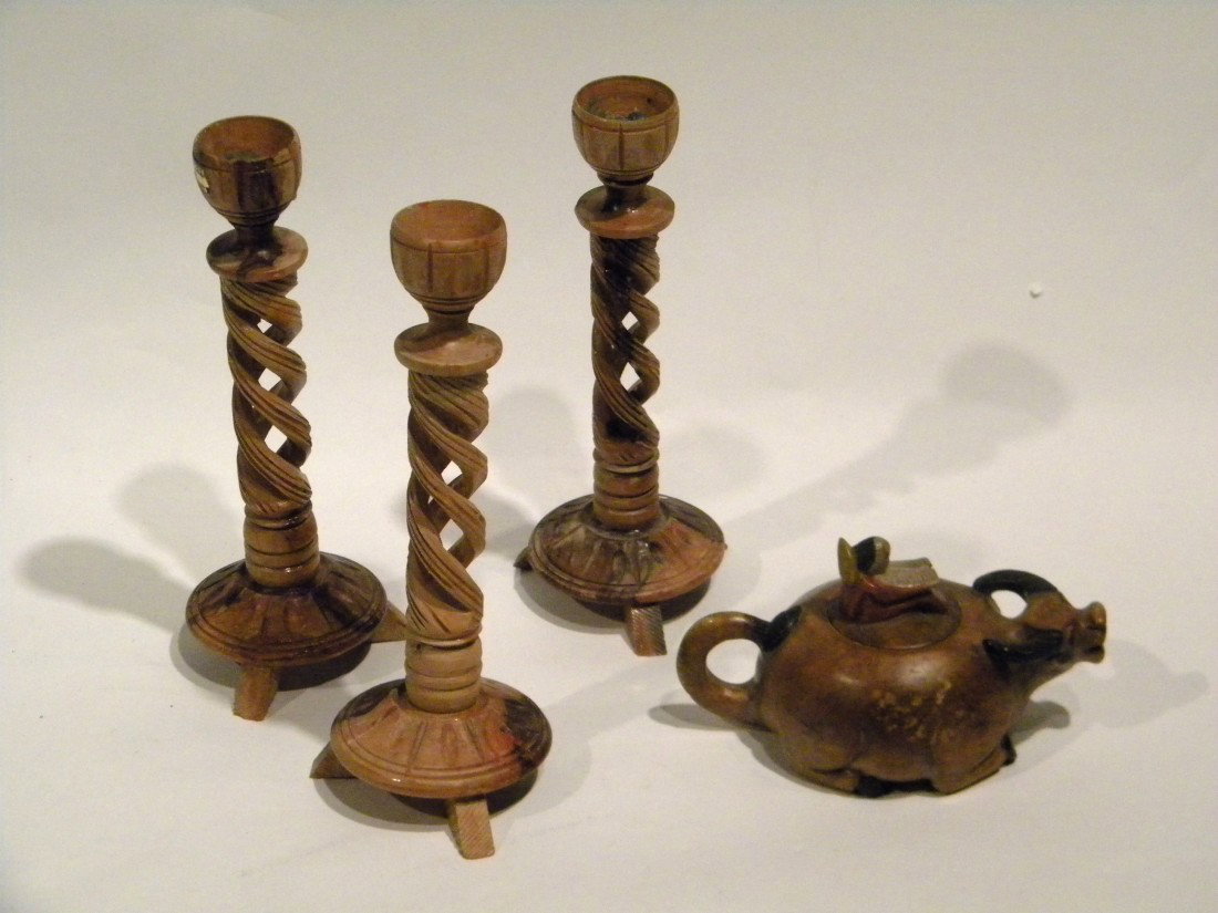 3 Olive Wood Candlesticks & Small Tea Pot: 3 Olive wood candlesticks with open spiral shafts, marked "Real olive wood, grad B, made in Bethlehem", 8.5" high and small painted soapstone figural bull teapot with woman riding bull on lid, 4" high