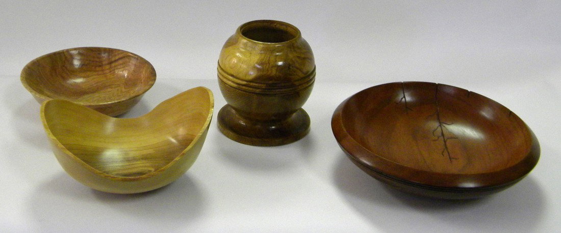 3 Wood Bowls, 1 Vase: Small Round Wood Vase, 5" X 5" signed BAE Nemson '96 , Small olive wood bowl by Jacques 4" X 6 1/2" , Small Oak Wood Bowl signed by R.G. Adam '00, Cherry Wood Bowl by Barry Martin 2 1/2" X 9"