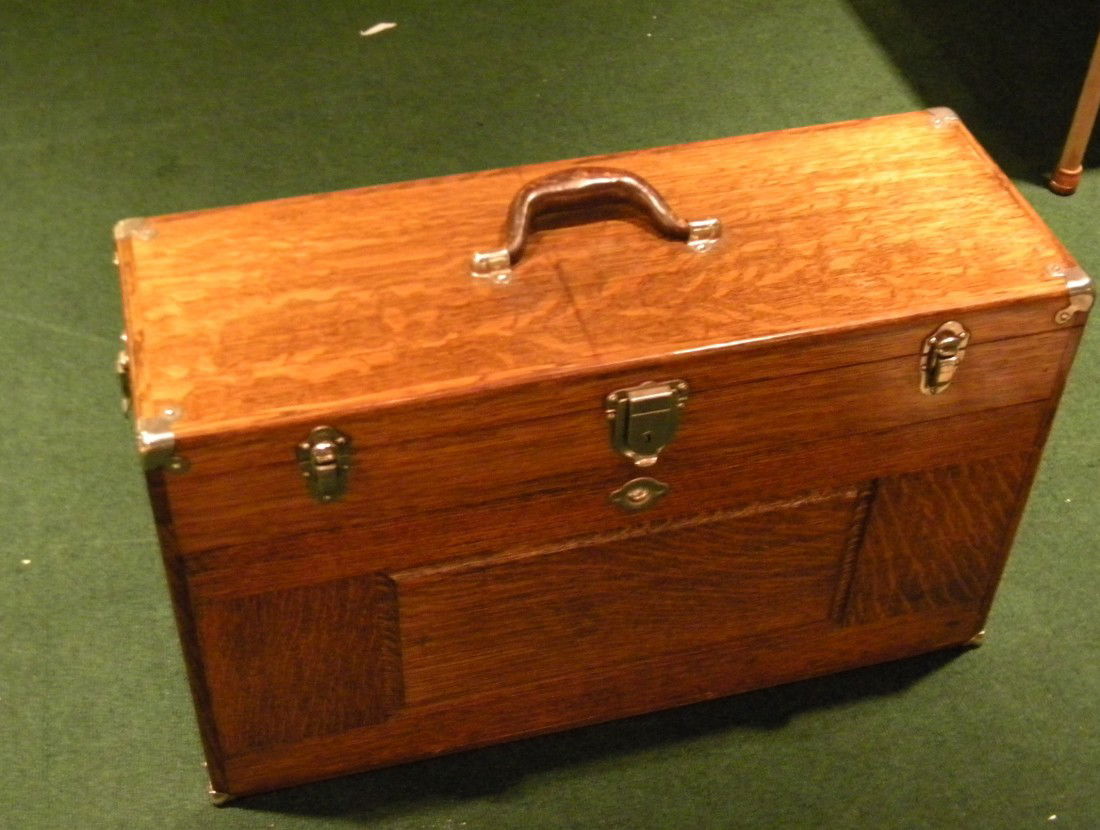 Vintage H. Gerstner & Sons Oak Tool Chest: Vintage H. Gerstner & Sons Oak Tool Chest with 11 green felt lined drawers, small mirror with owners parts list on lid, pull down writing surface, bird painted on middle drawer, locking latch in cente