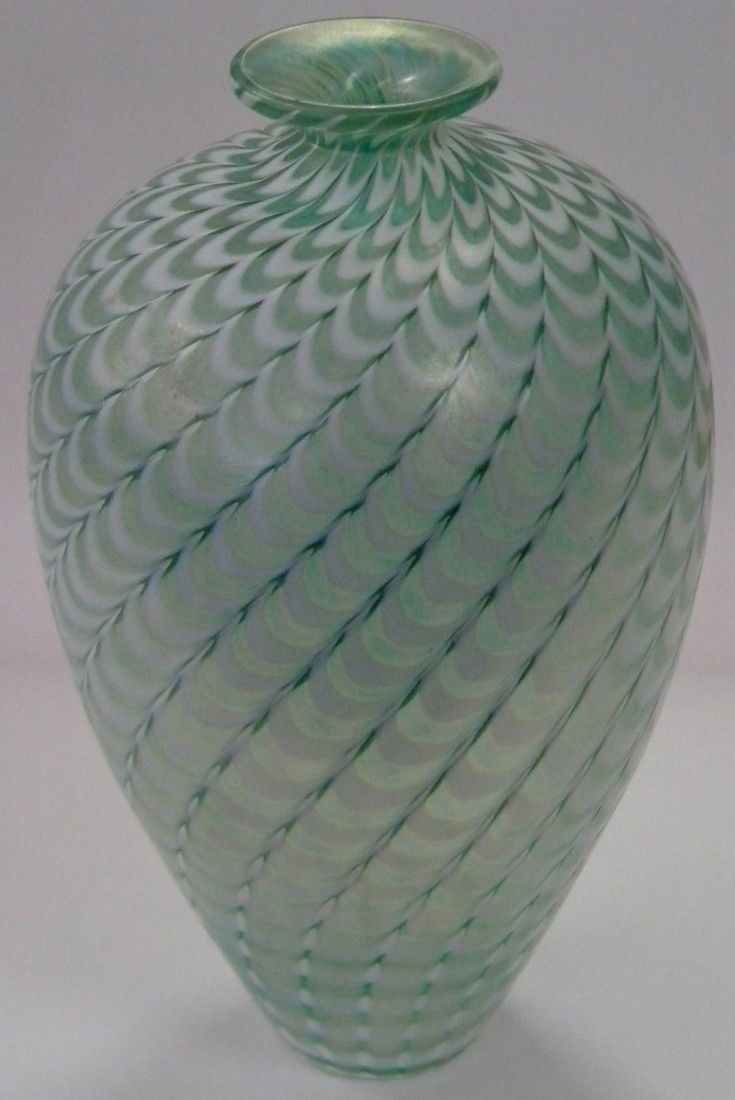 Bertil Vallien Kosta Boda Art Glass Vase, Signed: 1984 Bertil Vallien Kosta Boda Swedish Art Glass Bottle Vase from the Artist's Collection, Aquamarine with white pulled design 10" high, 6" diameter, marked B. Vallien #48439 on base
