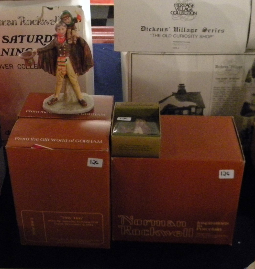 5 Gorham Norman Rockwell Collectible Pcs: 5 Gorham Norman Rockwell Porcelain Collector Pieces in ORIGINAL BOXES including 2 "Tiny Tim" figures from The Saturday Evening Post cover Dec. 15, 1934 style RW-3 (1 figure has broken hand) measure 6 