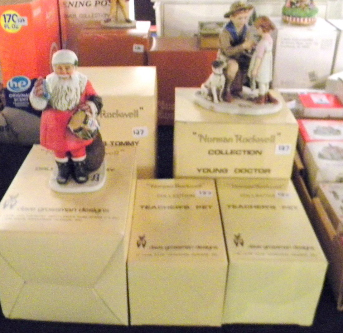 5 Dave Grossman Designs "Norman Rockwell" WOB: 5 Dave Grossman Designs Porcelain "Norman Rockwell" collectibles with ORIGINAL BOXES including 2 "Drum for Tommy" style #NRC 24 measure 7" x 3", "Young Doctor" measues 6" x 5", and 2 "Teacher's Pet" 1
