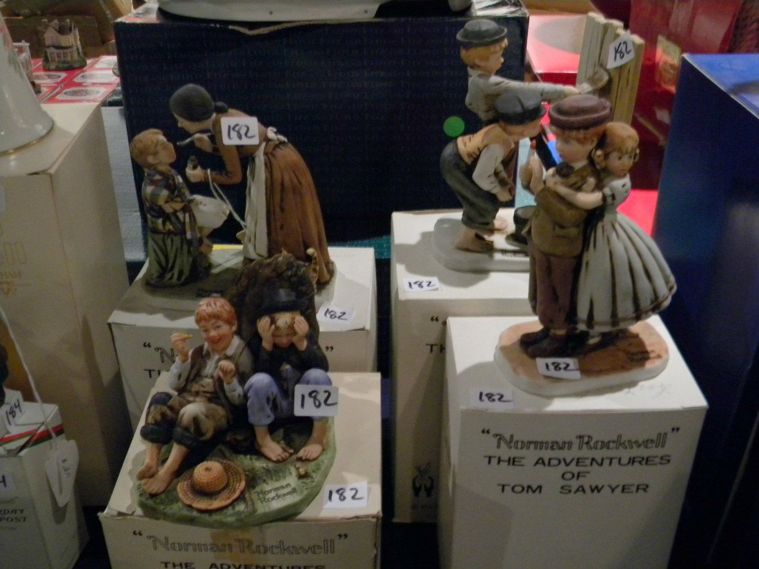 4 Grossman Norman Rockwell Figurines: 4 Dave Grossman Designs "Norman Rockwell" The Adventures of Tom Sawyer Figurines including "First Smaoke" (3 1/2" x 4" x 4 1/2"), "White Wash" (6" x 4 1/2" x 2 1/2"), "Lost in Cave" (6" x 3 1/2" x 2 1