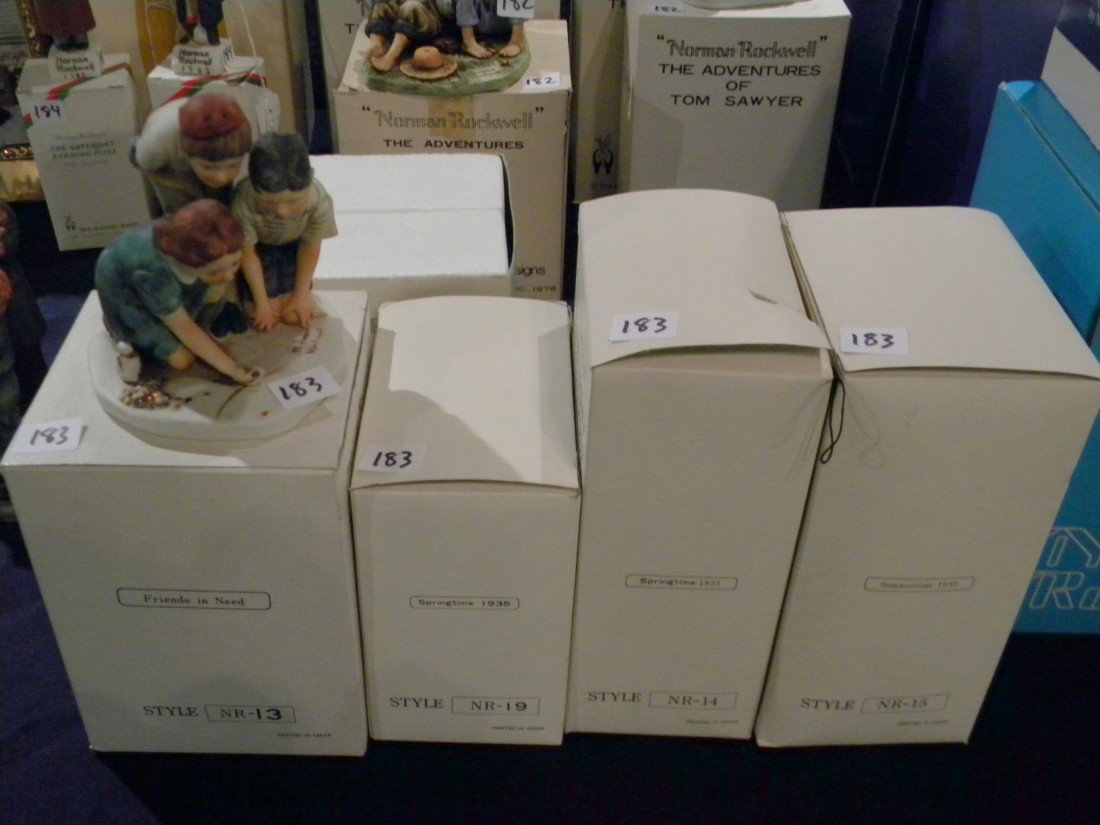 5 Grossman Norman Rockwell Figurines: 5 Dave Grossman Designs: Norman Rockwell" The Saturday Evening Post Cover Collection including "Friends in Need" (5" x 4" x 3 1/2"), "Summertime 1933" (5 1/2" x 2 1/2" x 2"), "Springtime 1933" (5 1/2"