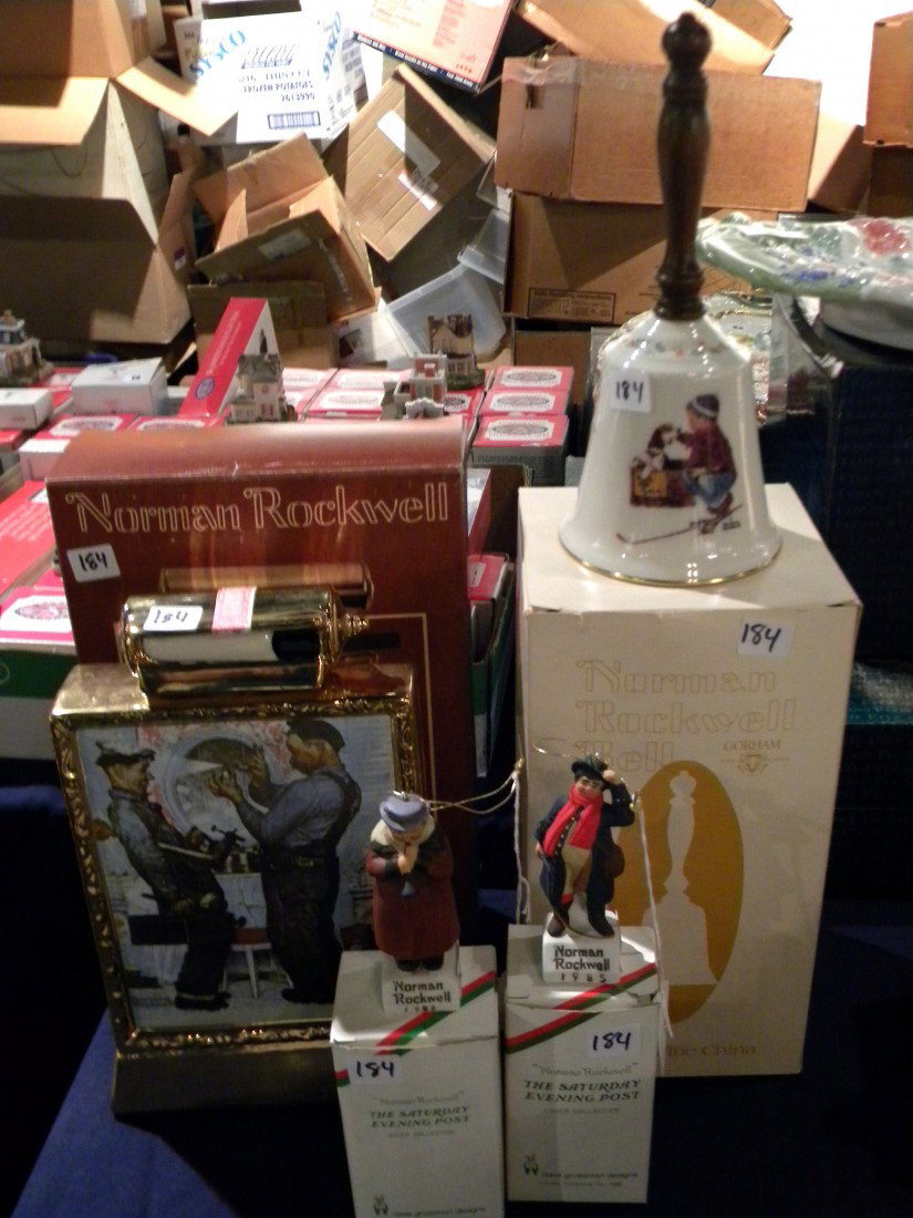 4 Norman Rockwell Figurines WOB's: 4 Norman Rockwell Figurines with ORIGINAL BOXES including a Limited Edition Ceramic Decanter 1 of 4 by Mike Wayne distilling Company featuring the art of Norman Rockwell "The Plumbers" Saturday Evenin