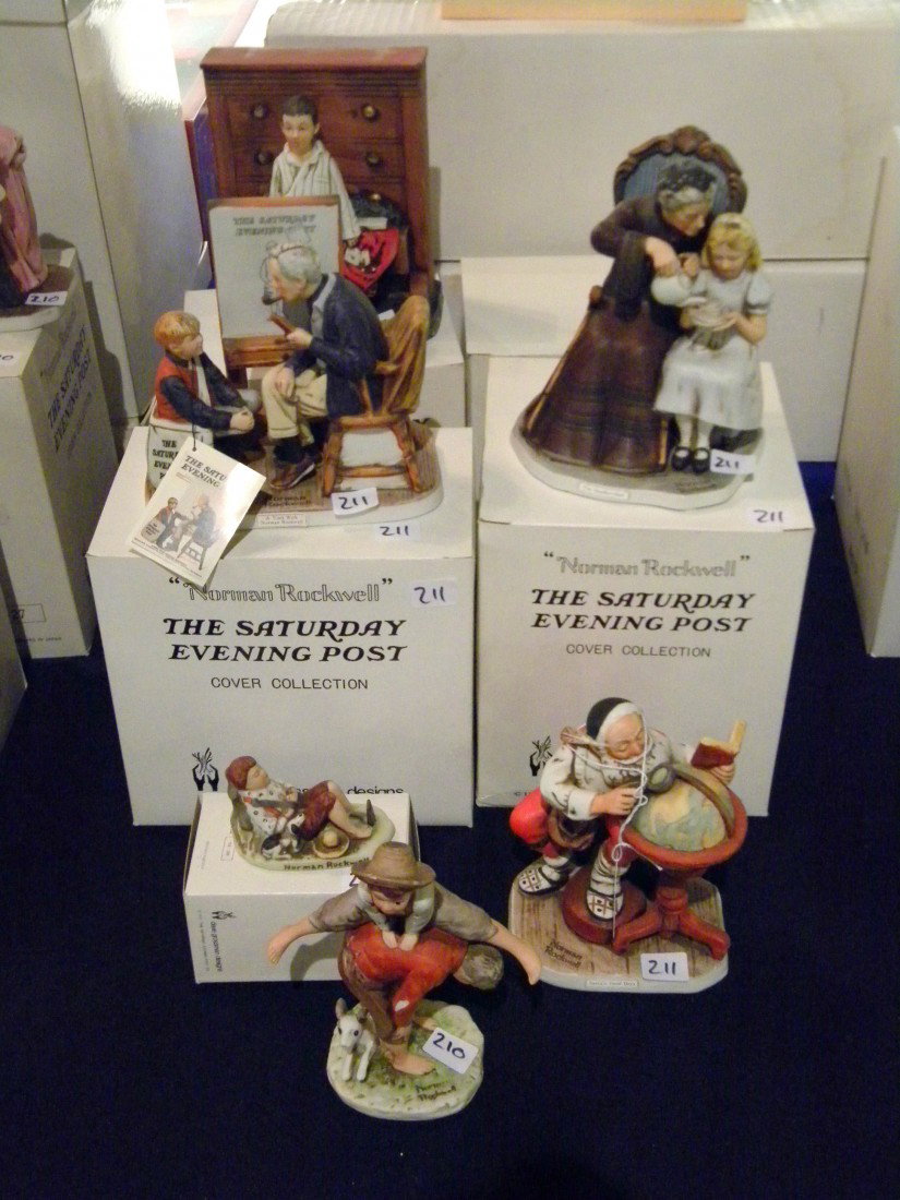 6 Grossman Norman Rockwell Figurines: 6 Dave Grossman Designs "Norman Rockwell" The Saturday Evening Post Cover Collection Figurines including "A Visit with Norman Rockwell" (5 1/2" x 6" x 3 1/2"), "Lazybones" (2" x 3" x 1 1/2"), "Leapfro