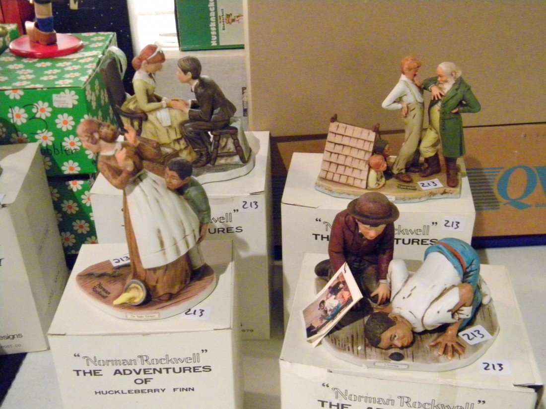 4 Grossman Norman Rockwell Figurines: 4 Dave Grossman Desings "Norman Rockwell" The Adventures of Huckleberry Finn Figurines including "Listening" (4 1/2" x 5 1/2" x 5"), "The Secret" (5 1/2" x 6" x 4"), "The Snake Escapes" (5 1/2" x 4 1/