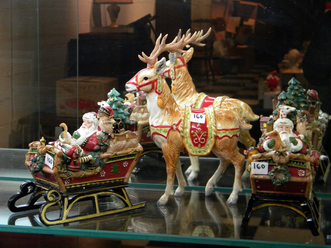 3 Fitz & Floyd Figurines, Some Musical: Fitz & Floyd "Christmas Lodge" Holiday Musical Santa in Sleigh NIB, Plays 'Here Comes Santa'- 7" h, Fitz & Floyd "Vintage Santa" Deer Figurine NIB- 10.5" h, Fitz & Floyd "Holiday Musicals" Christmas L