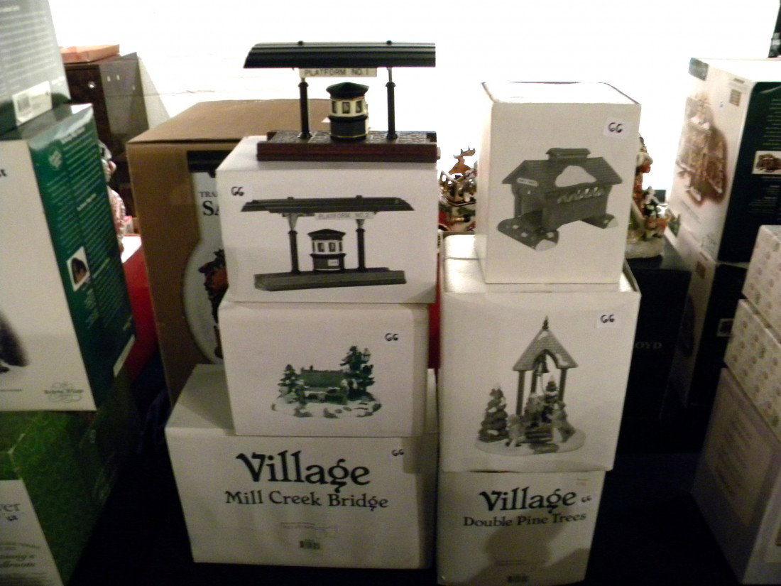 6 pc Heritage Village Collection: 6 pc Heritage Village Collection: Dickens Village Series- Set of Accessories- Red covered bridge, "Christmas Bells" 1996 Special Event Piece, Mill Creek park bench, Victoria Station train platform, Do