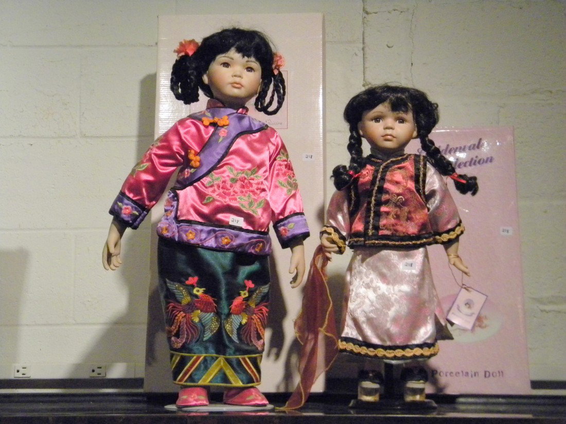 2 Oriental Dolls: "Apple" & "Chen-Je": 2 Oriental Dolls: Golden Vale Collection Porcelain Doll "Apple" -20" h WOB and Oriental Resin "Chen-Je" from 'With Heart and Soul (Collector's Edition)' #28/500, WOB - 25" h