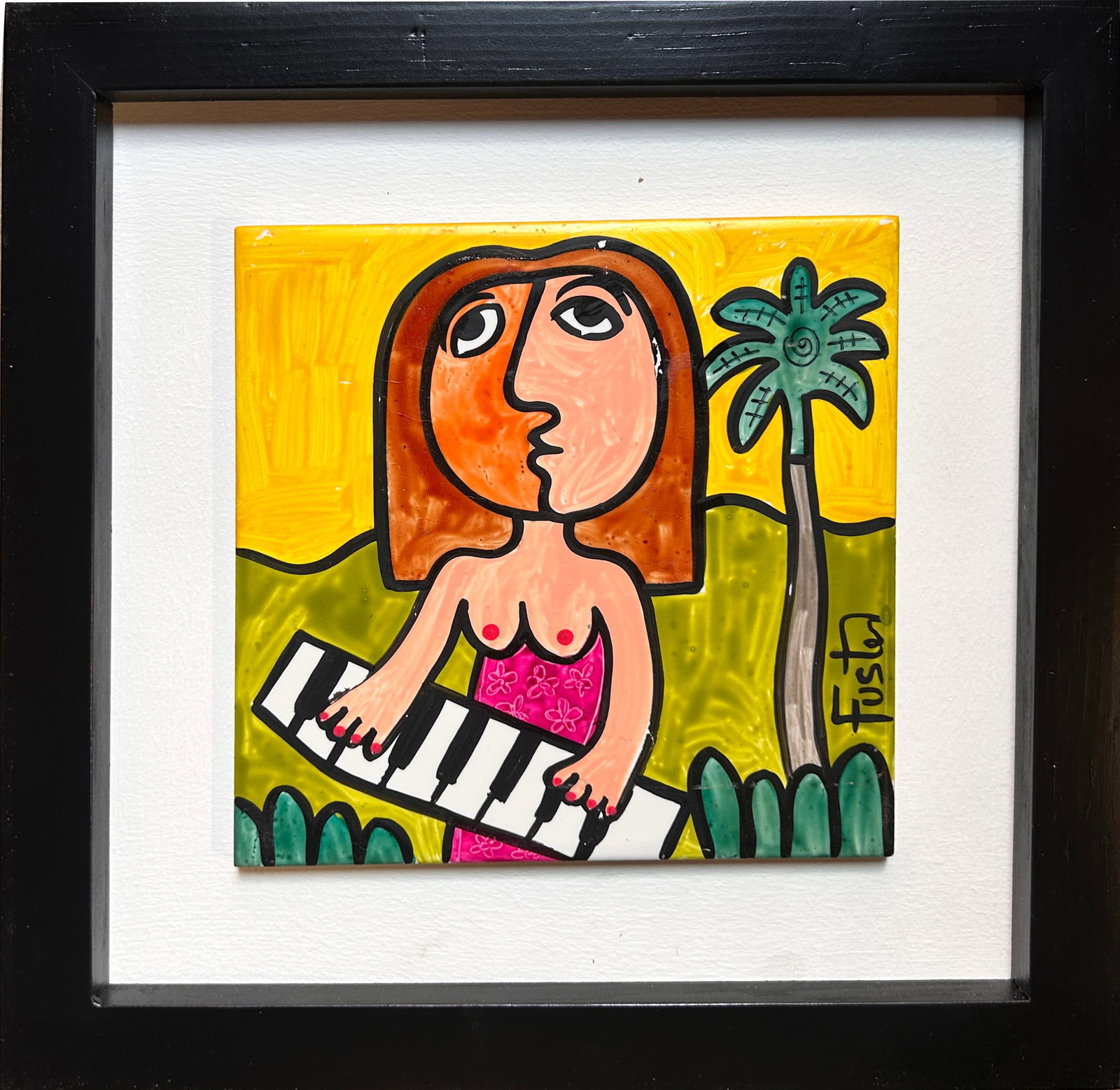 Hand painted oil on ceramic tile by Jose R. Fuster , Cuban artist. "Piano Girl" (framed): José Rodríguez Fuster (1946, Villa Clara, Cuba) is a Cuban naïve artist specializing in ceramics, mosaics, painting, drawing, engraving, and graphic design. He has exhibited in various museumshows 