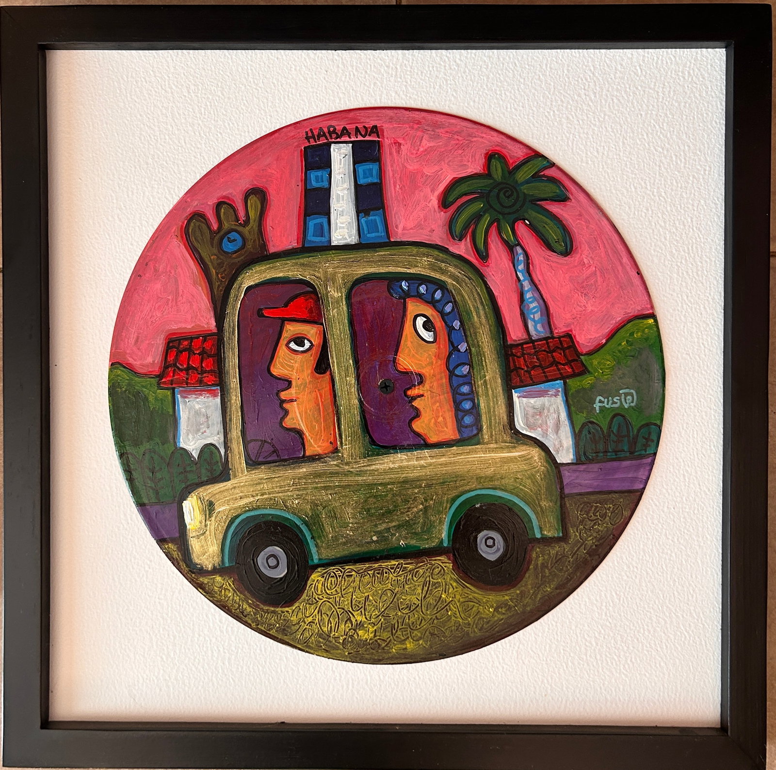 Painted Record by Jose R. Fuster , Cuban artist. "Green Cab" FRAMED: Painting measures 30 x 30 cm. Frame measures 40 x 40 cm. José Rodríguez Fuster (1946, Villa Clara, Cuba) is a Cuban naïve artist specializing in ceramics, mosaics, painting, drawing, engraving, and