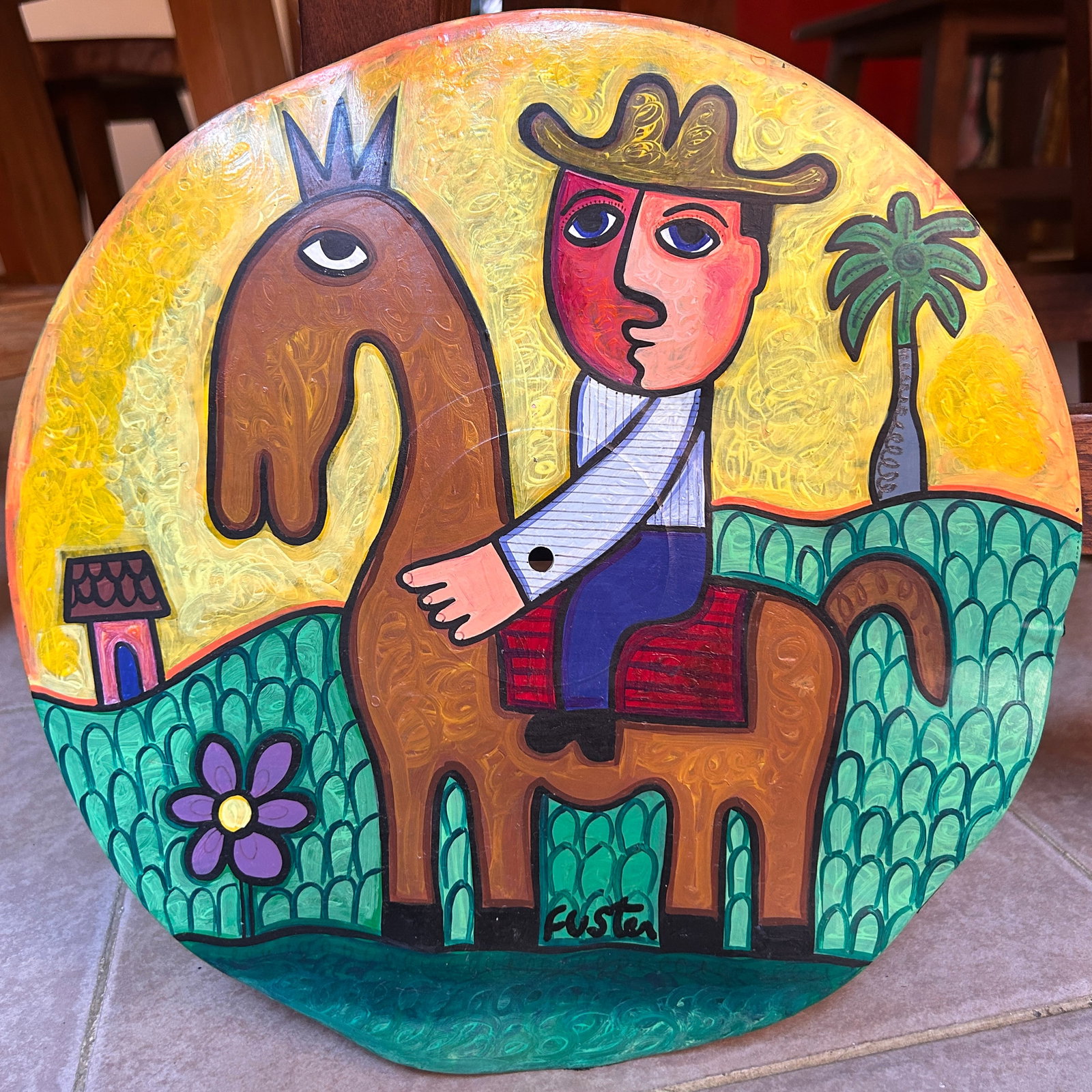 Painted Record by Jose R. Fuster, Cuban artist "Man on Horseback": Painting measures 30 x 30 cm. This record had suffered some warping. See photos. José Rodríguez Fuster (1946, Villa Clara, Cuba) is a Cuban naïve artist specializing in ceramics, mosaics, painting,