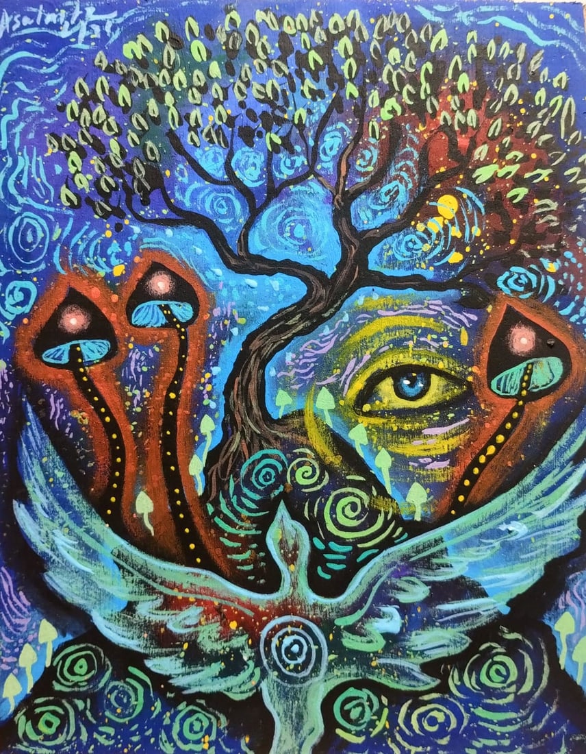 Asunción Alvarado, Oaxaca, Mexico. Acrylic on board. "Tiempos sagrados y de conexión con el árbol: Asunción Alvarado Martinez is originally from the Sierra Mazateca of Oaxaca. The main themes that he captures in the development of his work are the worldview of his Mazatec culture, in which he addr
