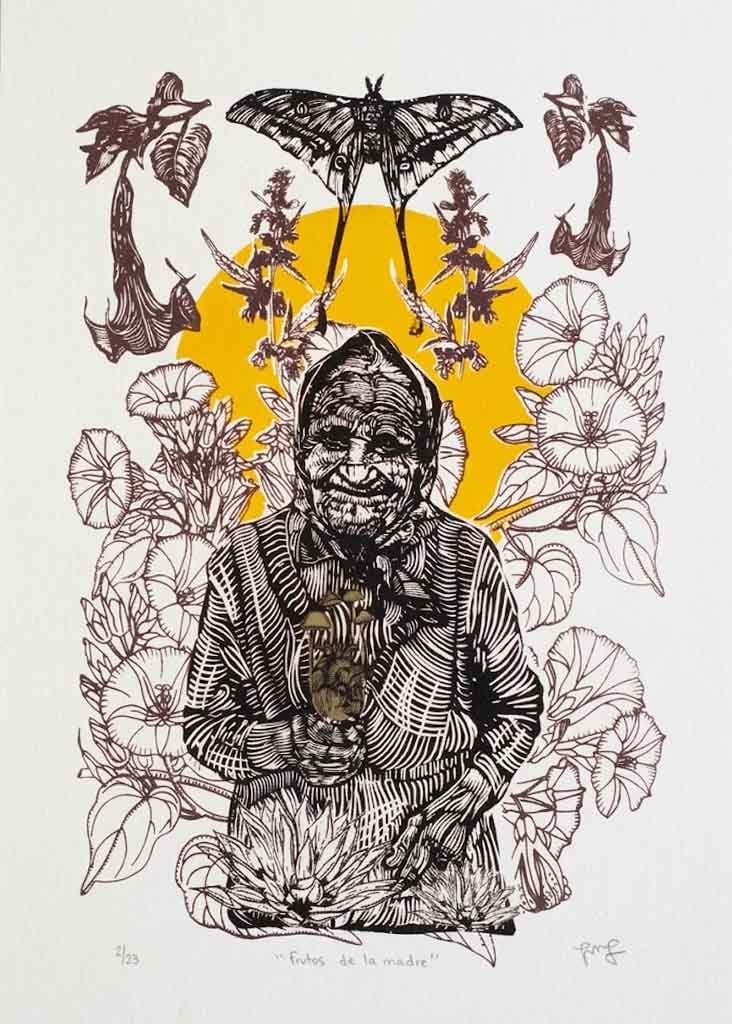 Kevin Pacheco, Oaxaca, Mexico. Set of three graphic works o the subject of magic mushrooms and: " Set of three silkscreen prints (3 color, 4 color, and 5 color) 15.3 x 16.5 inches (39 x 42 cm) each 90 lb (240 gsm) Canson paper