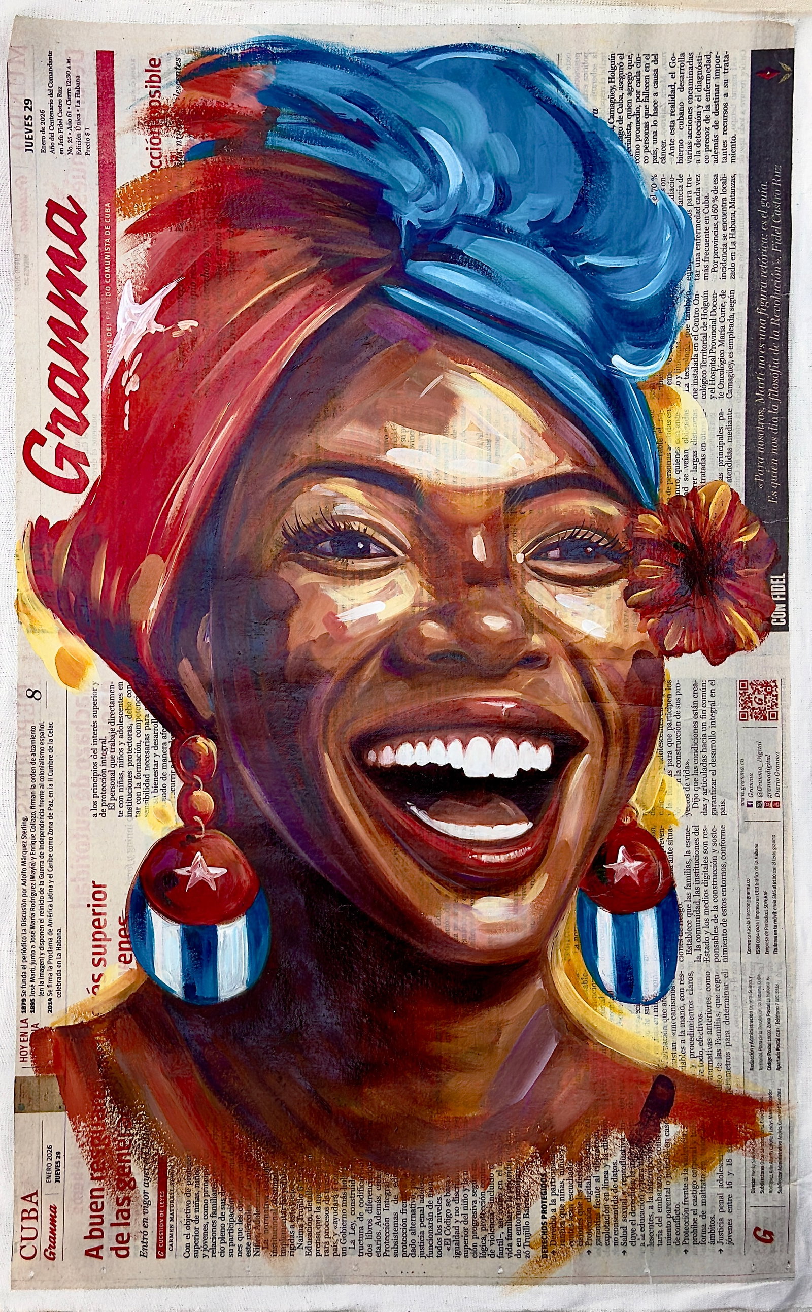 Unknown Cuban artist, acrylic on newsprint. Smiling Cubana woman: 27 x 16 inches. Unframed.