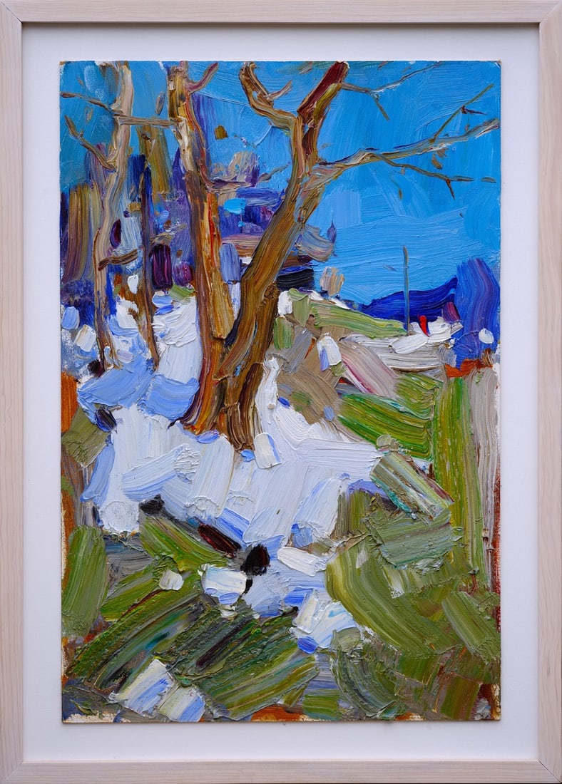 Ruslan Ivashenko, Ukrainian. Contemporary. Oil on board. "Winter Tree" Framed.: 51x71 framed size. Excellent piece, minimalistic yet rich in texture and expression