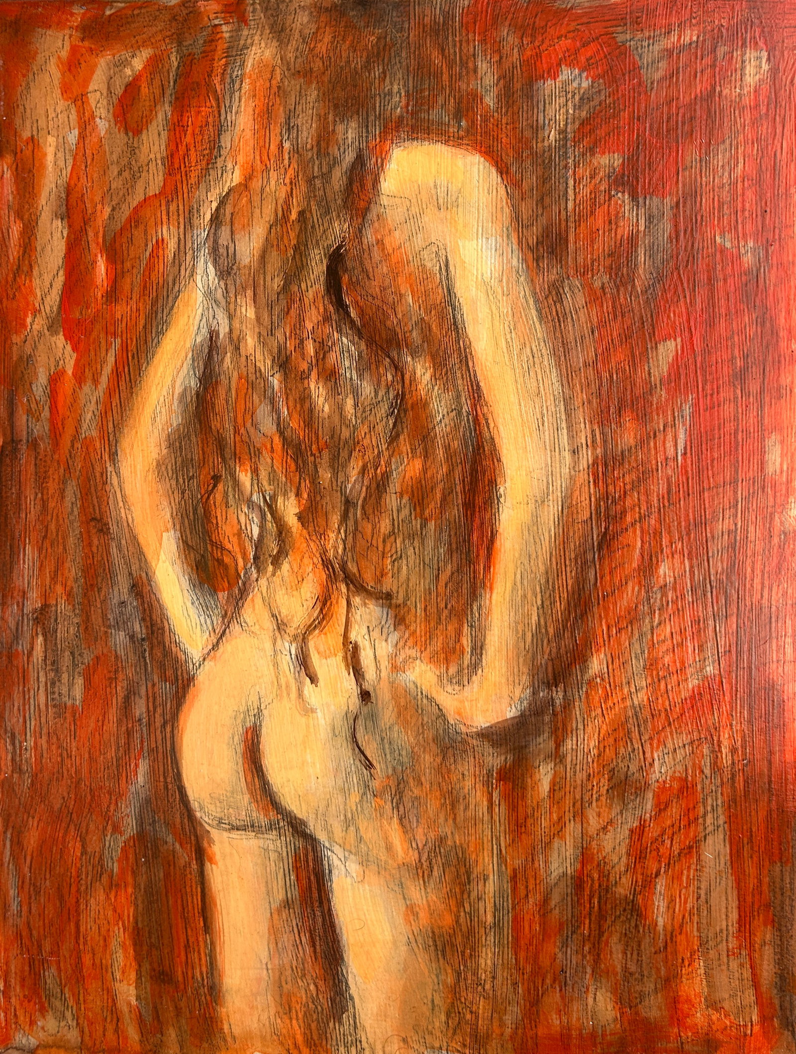 EC Bell (1946), small erotic nude model painting. Acrylic on panel. "Ginger Rear": EC Bell (1946) is an American expressionist painter and gallery owner from Charleston, South Carolina. In his career, he has completed work that ranges from abstract to representational and celebrates