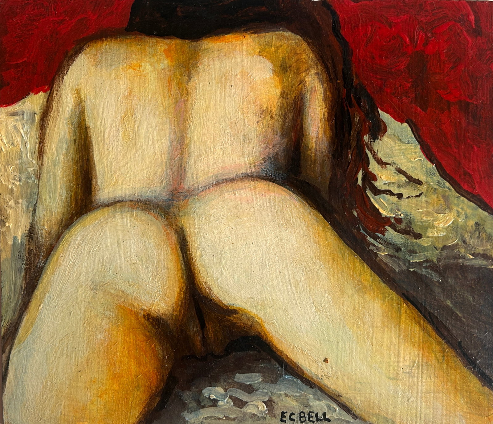 EC Bell (1946), small erotic nude painting. Explicitly sexual. miniature. Acrylic on panel. "Back": EC Bell (1946) is an American expressionist painter and gallery owner from Charleston, South Carolina. In his career, he has completed work that ranges from abstract to representational and celebrates