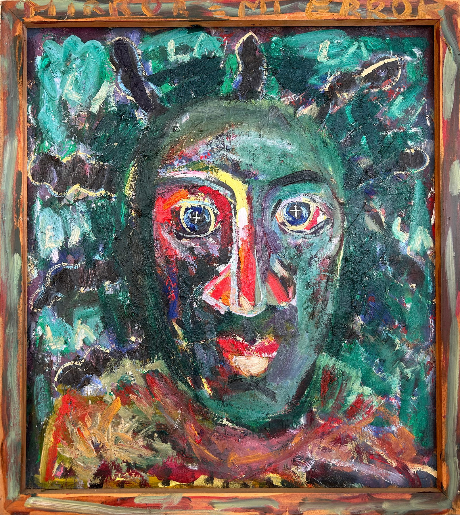 Oil on panel in the style of Basquiat. "Mirror = Mi error": We do not believe this to be a Basquiat painting. The influence is obvious however. Unsigned. Frame has "Mirror = Mi error" written on it. 43 x 48 cm framed size.