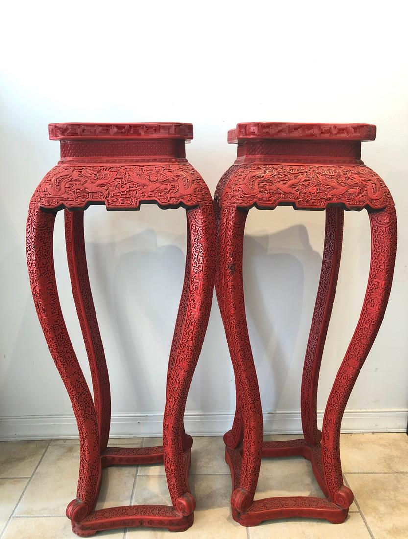 A PAIR OF CINNABAR LACQUER INCENSE STANDS.QING PERIOD (1 of 13)