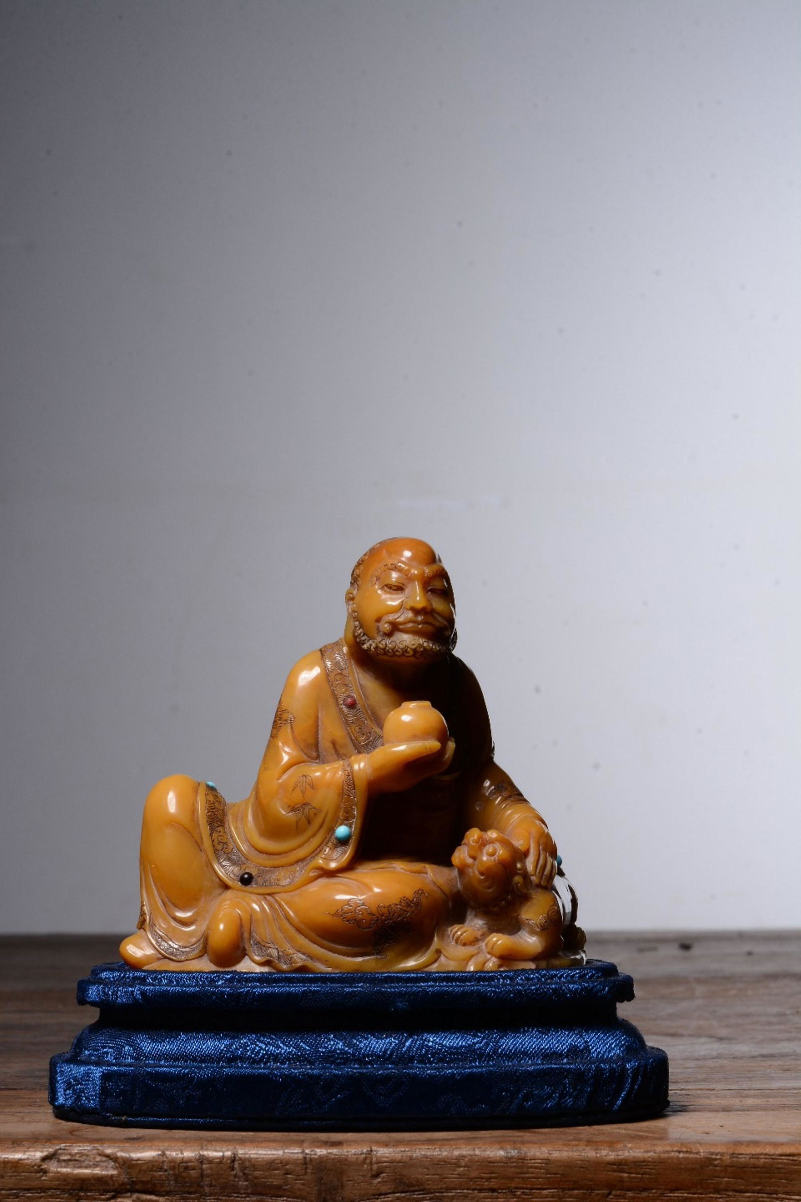 A GEM'S INLAID SOAPSTONE LUOHAN.QING PERIOD  清 (1 of 9)