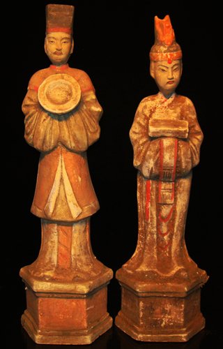 A PAIR OF PAINTED POTTERY FIGURES OF ATTENDANTS HA: PAINTED POTTERY FIGURES OF ATTENDANTS HAN DYNASTY 18''H