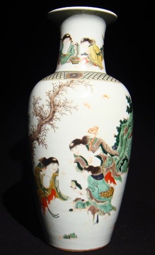 A FINE 'FAMILLE-VERTE' 'HEHE ERXIAN' VASE QING DY: the baluster body painted with the Hehe Erxian twins and Liu Hai looking at a toad, one carrying a ruyi-sceptre, all below swooping iron-red bats, the reverse separated by a gnarled tree and decorativ