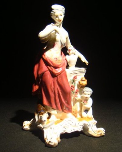 meissen porcelain figures of lady with dog and boby: Meissen porcelain figure a lady with dog and baby. Cross swords mark in blue under glaze, impressed, "2729" 8.3/4H ", Circa - Late 19th C.
