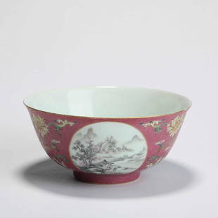 A Red-Ground Famille Rose Landscape Bowl: A Red-Ground Famille Rose Landscape Bowl 清乾隆 粉彩开窗山水图碗