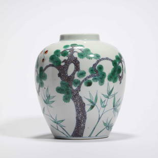 A Wucai Plum Blossom, Bamboo And Pine Tree Jar: A Wucai Plum Blossom, Bamboo And Pine Tree Jar 清雍正 五彩梅花罐