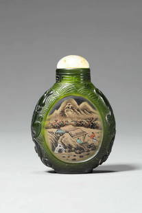 A Interior Painting Glassware Landscape And Figural: A Interior Painting Glassware Landscape And Figural Snuff Bottle 清晚期 内化⼭⽔⼈物诗⽂琉璃⿐烟壶