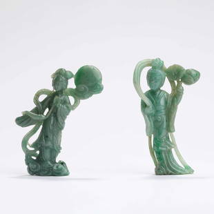 A Pair Of Jadeite Female Attendant Ornaments: A Pair Of Jadeite Female Attendant Ornaments 清中期翡翠侍女