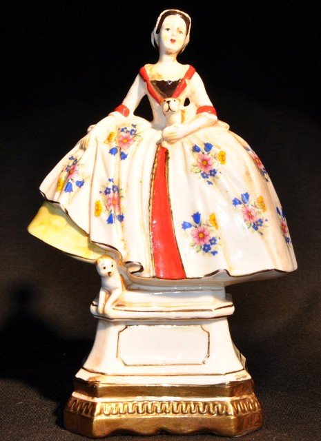 A Meissen Porcelain Figures Of Lady With Dog: A Meissen Porcelain Figures Of Lady With Dog Cross Swords mark in blue under glaze ,incised, "F64" impressed , ''100'' 8.1/4H'' Circa_Late 19 TH C.